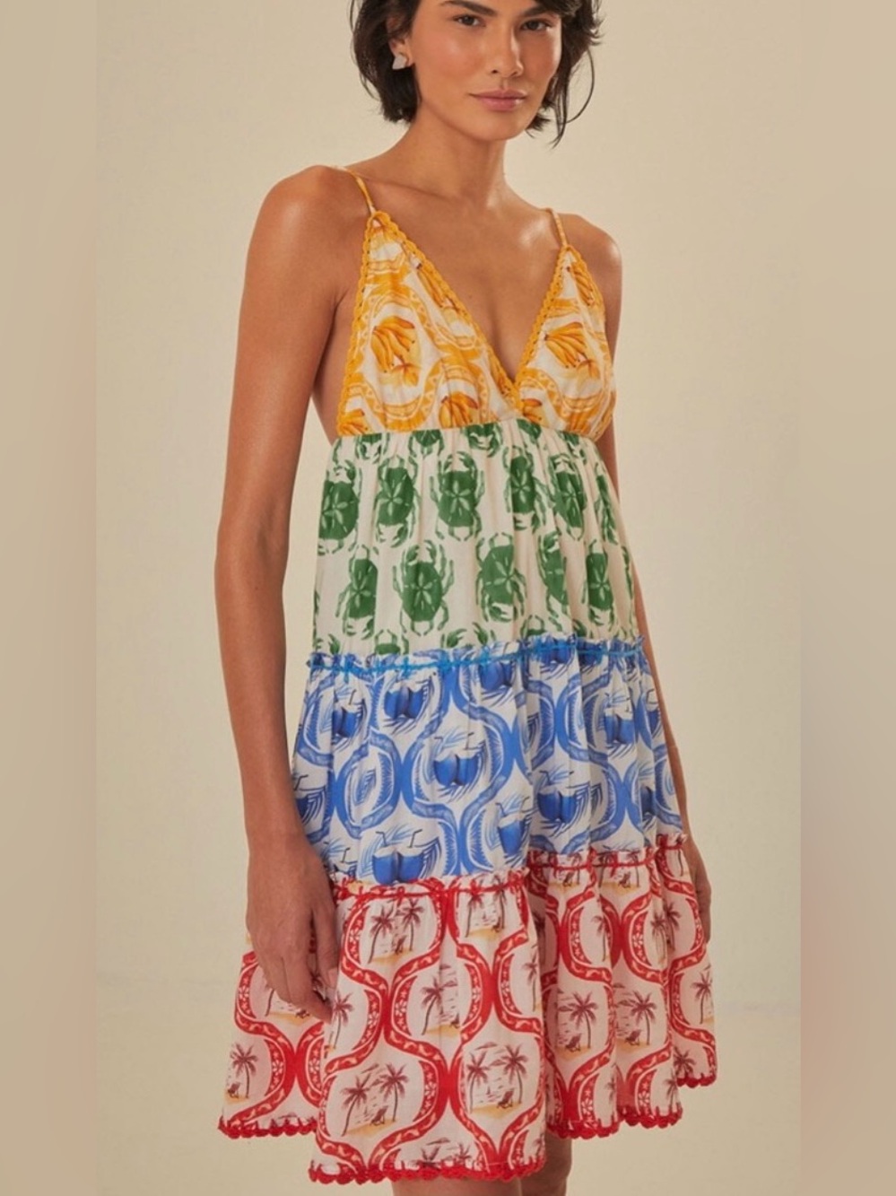 FARM Rio Yellow Green Blue Red Tiered Print Mini Dress